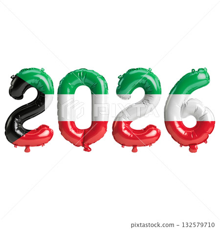 Kuwait flag colors 2026 3d illustration, balloon numbers 3d rendering on tr.. Kuwait flag colors 2026 3d illustration, balloon numbers 3d rendering on tr.. 132579710