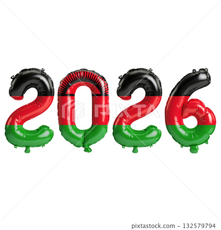 Malawi flag colors 2026 3d illustration, balloon numbers 3d rendering on tr.. 132579794