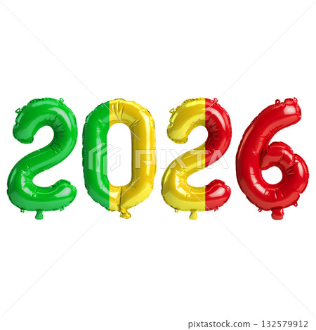 Mali flag colors 2026 3d illustration, balloon numbers 3d rendering on tran.. 132579912