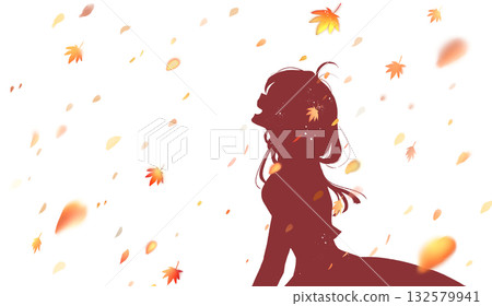 微笑的女人，側臉，秋葉，剪影 132579941