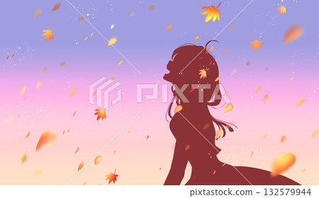 Smiling woman, side view, autumn leaves, silhouette 132579944