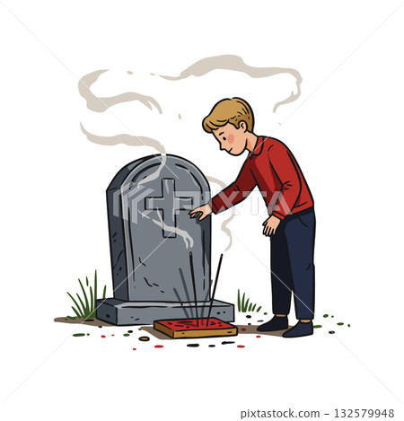 Boy mourning at gravestone with cross symbol and incense smoke vector illustration in solemn moment 132579948