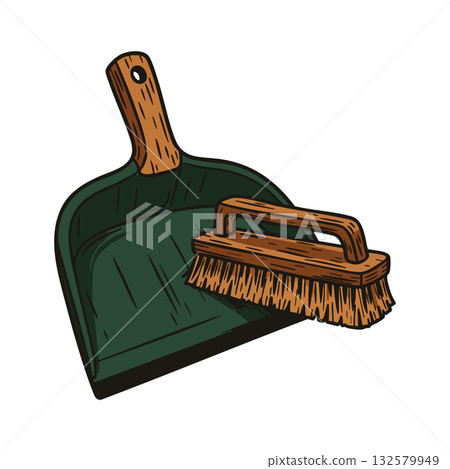 Dustpan and brush set with wooden handles for cleaning and household chores vector illustration 132579949
