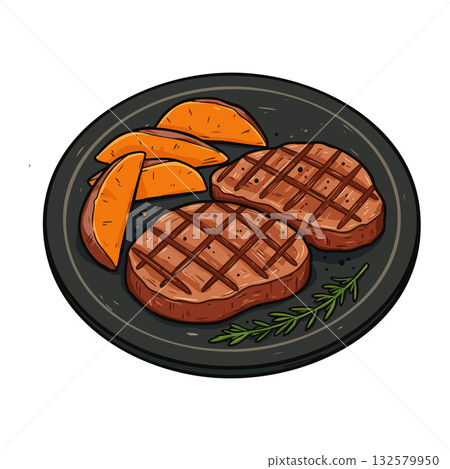Grilled steak with roasted sweet potato wedges and rosemary on dark plate tasty homemade meal 132579950