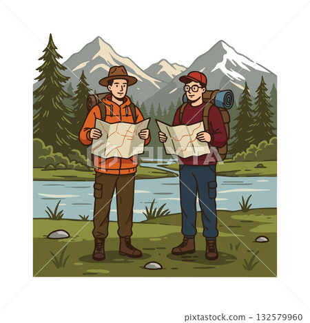 Two hikers exploring mountain trail with backpacks checking maps by river in nature scenery vector illustration 132579960