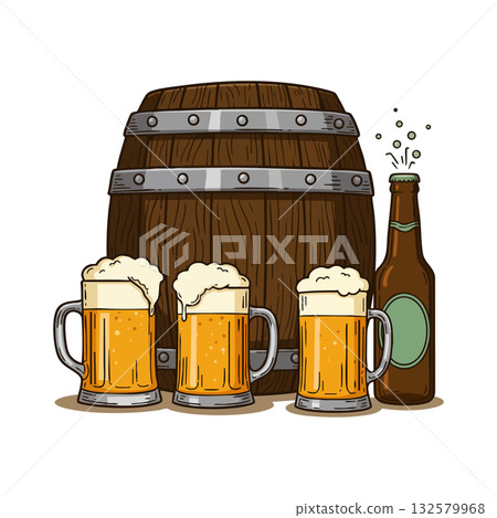 Beer mugs with frothy foam bottle and wooden barrel vector illustration for pub or brewery design Beer mugs with frothy foam bottle and wooden barrel vector illustration for pub or brewery design 132579968