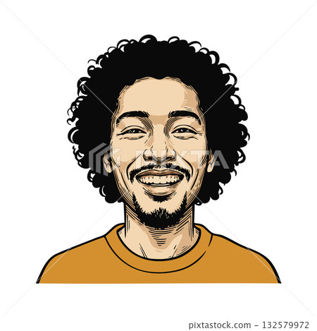 Smiling man with curly hair wearing orange shirt vector portrait with detailed facial features and black hair style Smiling man with curly hair wearing orange shirt vector portrait with detailed facial features and black hair style 132579972