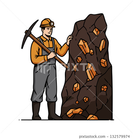 Miner with pickaxe mining orange crystals from rock vector illustration in industrial work environment 132579974