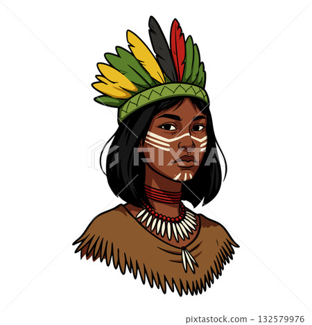Indigenous woman with traditional feather headdress and face paint vector portrait in brown and green colors Indigenous woman with traditional feather headdress and face paint vector portrait in brown and green colors 132579976