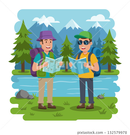 Two hikers exploring nature with maps near lake and pine trees under mountain landscape during daytime vector illustration 132579978