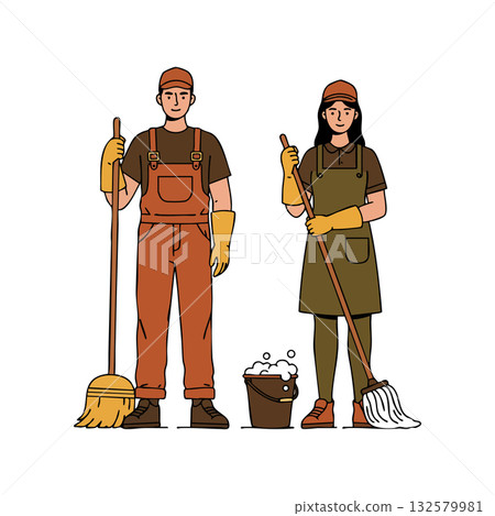 Two janitors standing with mops and bucket cleaning equipment in casual workwear vector illustration 132579981