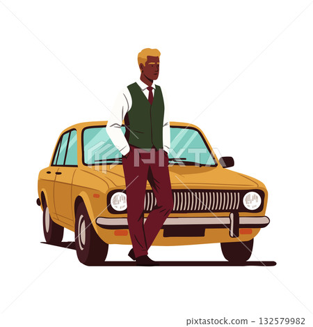 Man standing beside vintage yellow car wearing formal vest and tie stylish urban scene vector illustration 132579982
