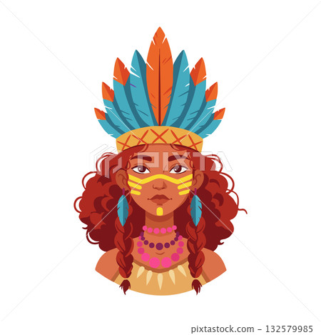 Native American woman with traditional headdress and face paint in colorful feathers and jewelry vector illustration 132579985