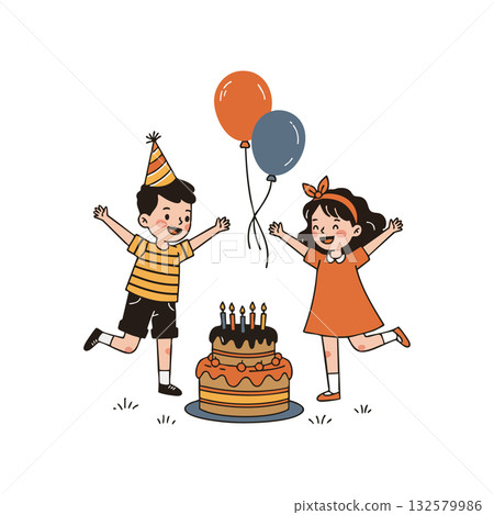 Children celebrating birthday party with balloons and cake in orange and blue tones cheerful festive vector illustration Children celebrating birthday party with balloons and cake in orange and blue tones cheerful festive vector illustration 132579986