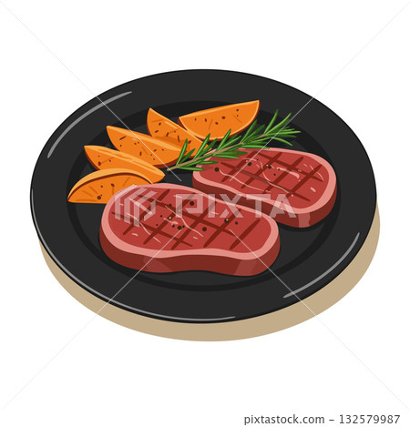 Two grilled steak pieces with orange sweet potato wedges and rosemary on black plate vector illustration Two grilled steak pieces with orange sweet potato wedges and rosemary on black plate vector illustration 132579987
