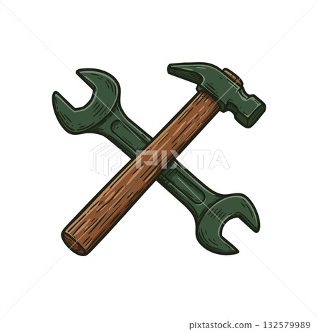 Hammer and wrench crossed tools with wooden handle for repair and maintenance work vector illustration 132579989