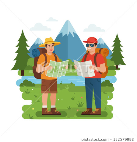 Hikers exploring nature with maps by mountain lake surrounded by pine trees and green grass vector illustration 132579998