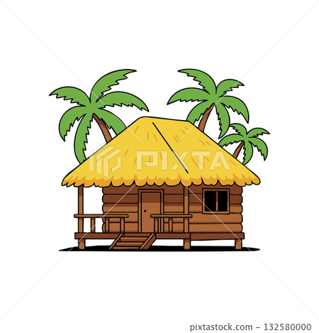 Tropical wooden hut with thatched roof and palm trees vector illustration for summer vacation design 132580000
