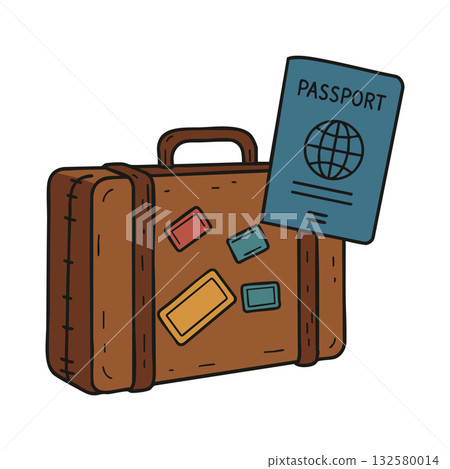 Brown suitcase with travel stickers and passport illustration for vacation and international trip planning design vector 132580014