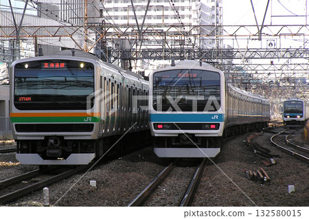 The Tokaido Line and Keihin-Tohoku Line passing each other near Kawasaki Station The Tokaido Line and Keihin-Tohoku Line passing each other near Kawasaki Station 132580015