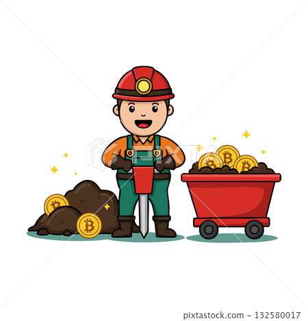 Bitcoin miner cartoon character with mining cart and coins digital currency mining concept vector illustration Bitcoin miner cartoon character with mining cart and coins digital currency mining concept vector illustration 132580017