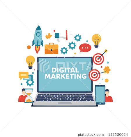 Digital marketing concept with laptop, rocket, targets, light bulbs, and communication icons in flat design vector illustration 132580024