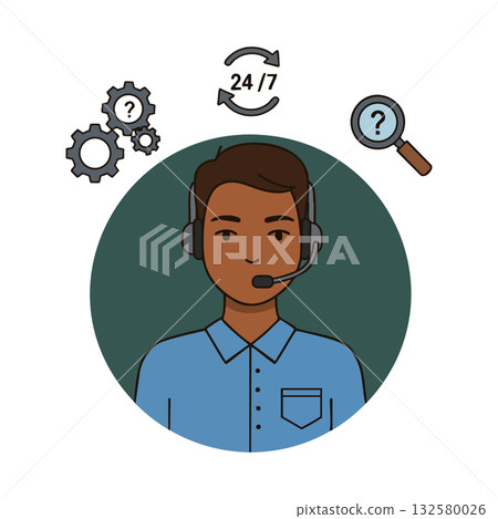 Customer support representative with headset answering questions and providing 24/7 service vector illustration Customer support representative with headset answering questions and providing 24/7 service vector illustration 132580026