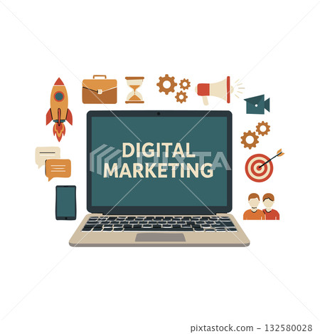 Digital marketing laptop computer with rocket briefcase megaphone and target icons concept illustration Digital marketing laptop computer with rocket briefcase megaphone and target icons concept illustration 132580028