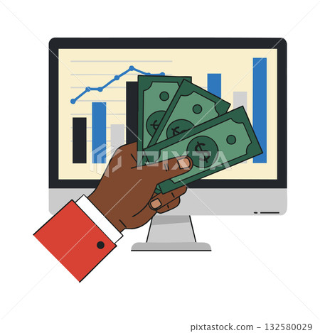 Hand holding money with financial growth graph on computer screen for business success and investment strategy concept Hand holding money with financial growth graph on computer screen for business success and investment strategy concept 132580029