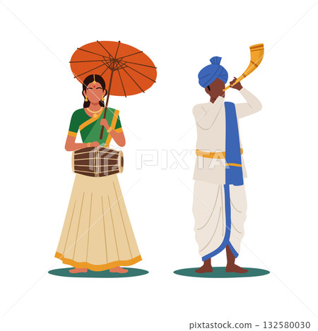 Traditional Indian musicians playing folk instruments with umbrella and horn in colorful attire vector illustration Traditional Indian musicians playing folk instruments with umbrella and horn in colorful attire vector illustration 132580030