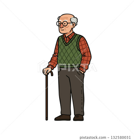 Elderly man with cane wearing green vest and glasses standing in casual pose vector illustration 132580031