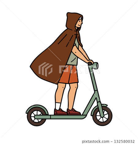 Boy wearing brown hooded cloak riding green scooter outdoor casual activity fun motion 132580032