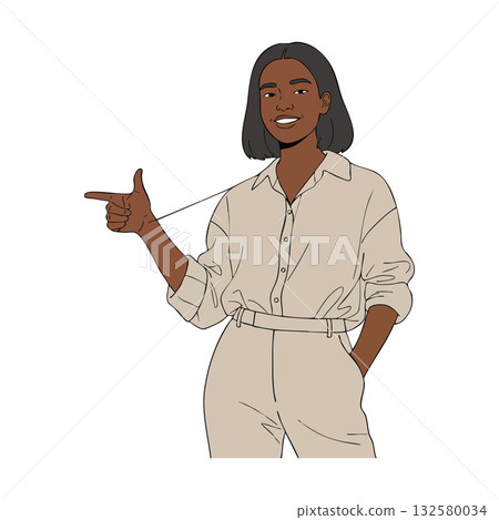Confident woman pointing finger gesture smiling in casual beige outfit vector illustration Confident woman pointing finger gesture smiling in casual beige outfit vector illustration 132580034