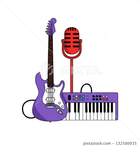 Purple Electric Guitar Red Microphone and Purple Keyboard Music Instruments Vector Illustration Purple Electric Guitar Red Microphone and Purple Keyboard Music Instruments Vector Illustration 132580035