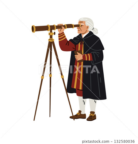 Historical scientist using vintage telescope for astronomical observation in classic attire vector illustration Historical scientist using vintage telescope for astronomical observation in classic attire vector illustration 132580036