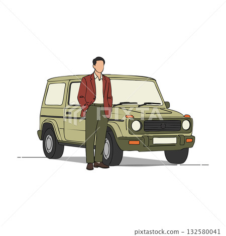 Man standing beside vintage green offroad vehicle wearing casual jacket and pants vector illustration Man standing beside vintage green offroad vehicle wearing casual jacket and pants vector illustration 132580041
