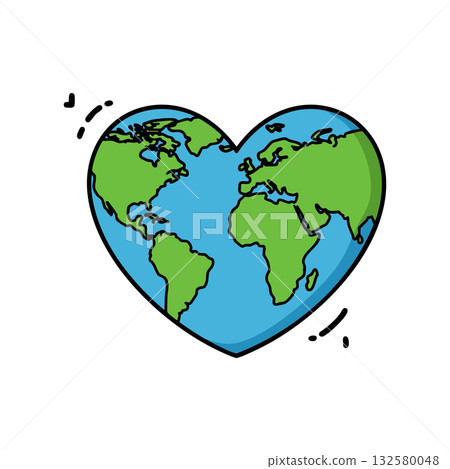 Heart shaped earth planet globe illustration with continents in blue and green colors for love and environment concept Heart shaped earth planet globe illustration with continents in blue and green colors for love and environment concept 132580048