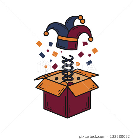 Joker hat popping out of surprise box with confetti and festive colors vector illustration design 132580052