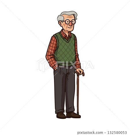 Elderly man standing with cane wearing glasses green vest and plaid shirt vector illustration 132580053