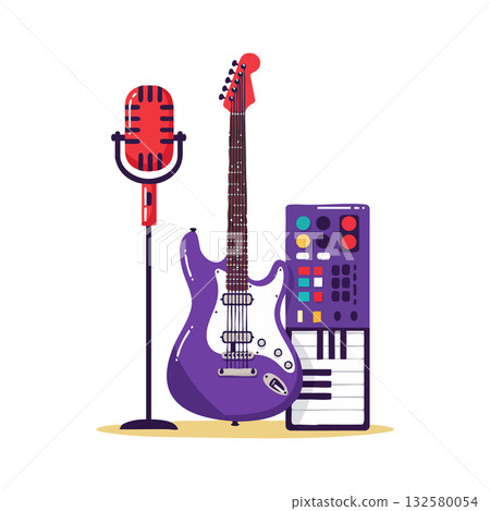 Purple electric guitar with red microphone and music synthesizer vector illustration for modern music studio equipment and audio production design 132580054