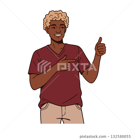 Young man with curly hair wearing casual clothes pointing finger and giving thumbs up gesture vector illustration 132580055