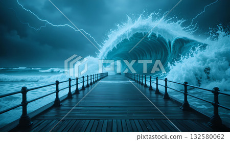 Stormy Ocean Pier: A Giant Wave's Fury 132580062