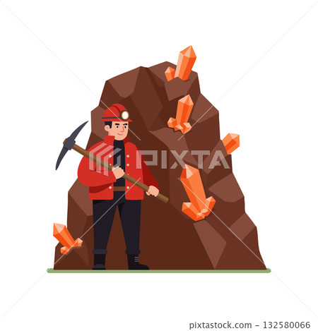 Miner with pickaxe extracting orange crystals from brown rock vector illustration in flat design 132580066