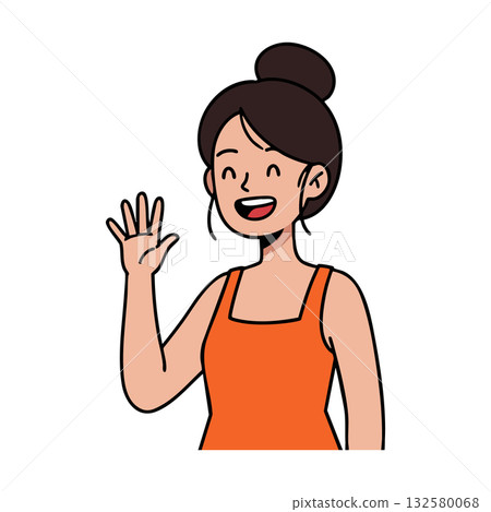 Woman waving hand smiling friendly gesture in orange top vector illustration cheerful character design Woman waving hand smiling friendly gesture in orange top vector illustration cheerful character design 132580068