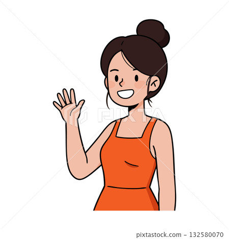 Woman waving hand smiling wearing orange dress casual friendly gesture vector illustration 132580070