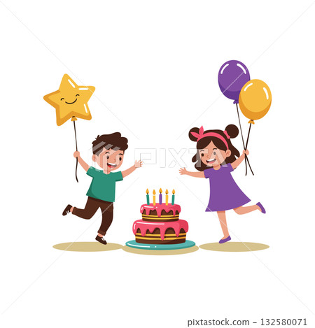 Children celebrating birthday party with balloons and cake in colorful festive atmosphere happy joyful fun 132580071