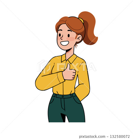 Woman with thumbs up gesture smiling in yellow shirt and green pants casual vector illustration 132580072