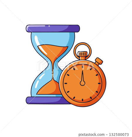 Hourglass and stopwatch measuring time passing with blue and orange colors vector illustration 132580073