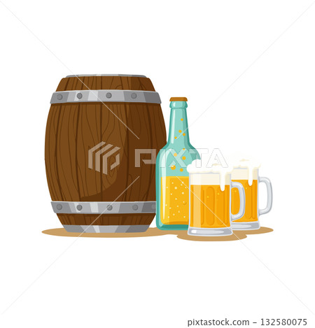 Wooden beer barrel with glass bottle and two frothy beer mugs vector illustration for beverage design and pub themes 132580075