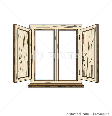Wooden window frame with open shutters vector illustration in natural beige tones for home design and architecture projects 132580083